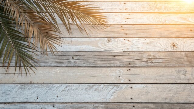 wooden background with palm trees and negative space for writing text ideal for travel related content