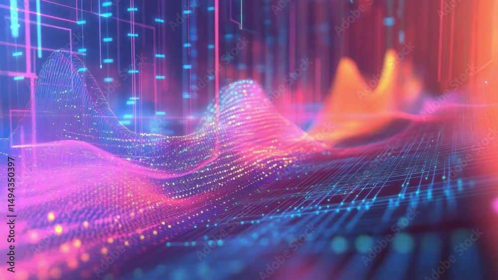 Poster data flow visualization: a vibrant abstract visualization of data flow, represented by flowing parti