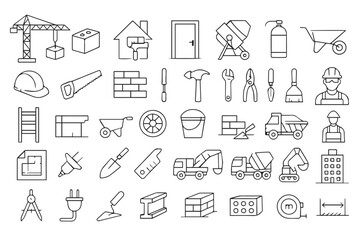 Vector icons of construction tools, building materials, and machinery for construction and renovation projects Line art icon set