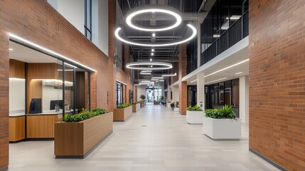 Interior view of a modern building with brick walls, circular lights, and a long corridor