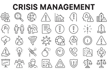 Icons for crisis management covering risk analysis, disasters, emergencies, and solutions with elements like warning signs, phone calls, and people Line art icon set