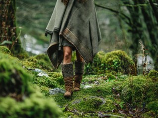 supermodel in forest foraging session outfit, earth-toned poncho, rustic boots, isolated on mossy green background