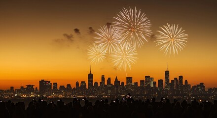 Fireworks Over City Skyline at Night Celebration