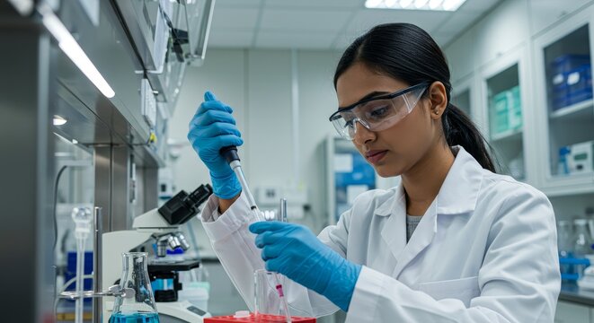 Scientist Working in a Laboratory - A female scientist carefully uses a pipette in a modern lab setting. She is wearing safety glasses and gloves
