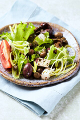 Healthy and tasty salad with feta cheese, various tomatoes, olives, cucumber, onion and lettuce.