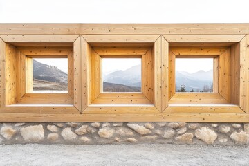 Triple wood-framed window views of distant mountains, set in a stone and timber wall