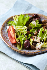 Healthy and tasty salad with feta cheese, various tomatoes, olives, cucumber, onion and lettuce.