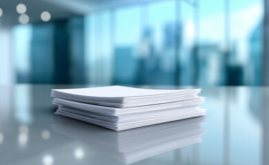 Stack of blank white paper placed on a modern office desk with a city skyline visible through the window.  
