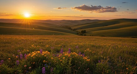 Fototapeta premium Scenic Sunset Over Rolling Hills With Wildflowers