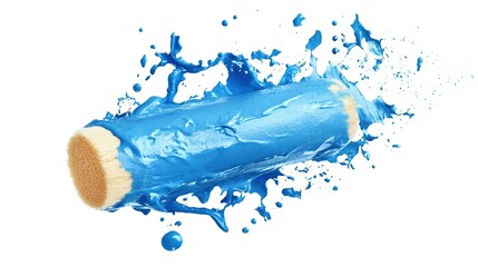 A paint roller coated in vibrant blue paint, surrounded by paint splashes