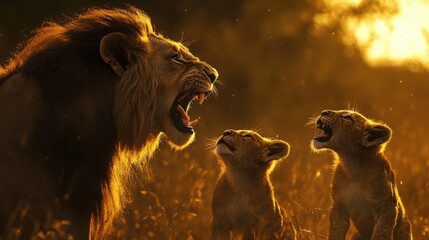 Lion Adults Training Cubs In The Ways Of Wilderness Survival