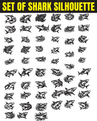 Shark Silhouette Vector Icons Set, Tribal, Aggressive & Artistic Designs for Logos and Tattoos