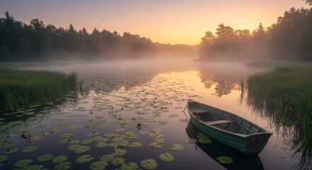 Obraz premium Serene Sunrise Lake with Rowboat - Tranquil sunrise scene over a misty lake, featuring a small rowboat gently floating amongst lily pads. Peaceful and idyllic nature
