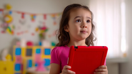 Young Girl In Red Hoodie Using Red Tablet In Bright Classroom Setting
