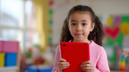Smiling Young Girl Holding Red Tablet In Bright Colorful Playroom Looking Up Thoughtfully

