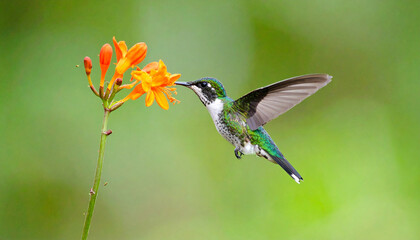 Naklejka premium Long-tailed Sylph Hummingbird (Aglaiocercus kingi) in Flight with Orange Flower
