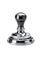 The shiny chrome metal notary stamp sits isolated on a white background, its clean lines and elegant design suggesting authenticity and official documentation.