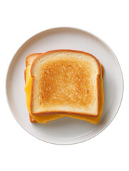 Overhead view of a classic grilled cheese sandwich with melted cheddar on toasted bread sitting on a simple white plate against a clean, minimalist white background.
