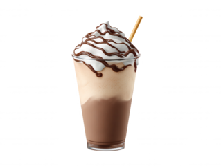 A delicious layered chocolate milkshake with whipped cream topping and drizzle presented in a clear glass with straw, all isolated on a white background.