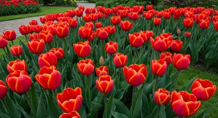 Fototapeta premium Springtime Tulips in the Garden - Vibrant red and orange tulips blooming in a lush garden. Symbolizing spring, renewal, love, beauty, and passion