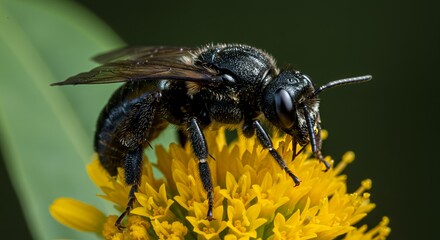 Magnificent Black Bee on Yellow Flower Macro Photography