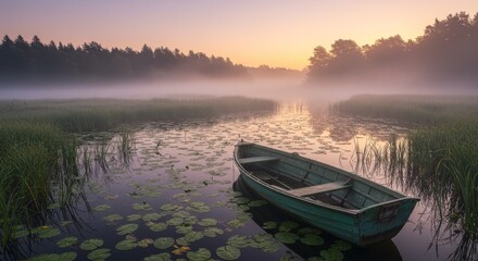 Obraz premium Sunrise Serenity: Rowboat on Misty Lake - Tranquil sunrise scene, a rowboat gently floats on a calm lake, surrounded by lily pads and a misty forest, symbolizing peace, serenity, solitude