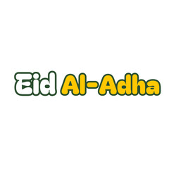 Cartoon illustration of flat style sticker text celebrating Eid al-Adha. Muslim, Islam, Indonesia, Arabic.
