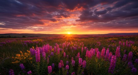 Fototapeta premium Sunset Prairie Flowers - Vibrant pink flowers in a field at sunset, with a colorful sky