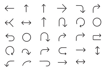 Collection of various directional and loop arrows, circular motions, and navigational symbols in line art icon set