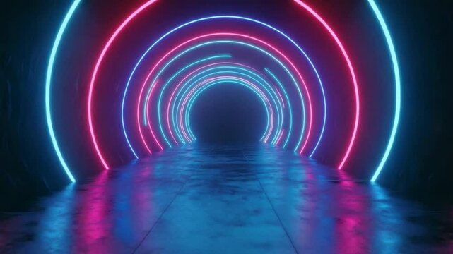 Neon Tunnel of Lights: An otherworldly perspective of an illuminated tunnel adorned with vibrant neon lights.  Illuminating a sense of limitless horizons. A modern, cutting-edge look and feel.