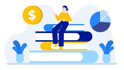 Woman on books with dollar sign suitable for finance, education, investment concepts. Symbolizes knowledge and financial success in business.