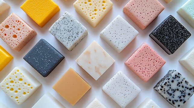 Colorful square food items on white background