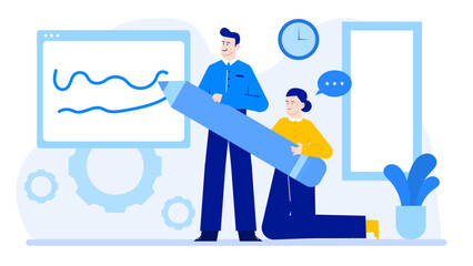 Two people holding a giant pencil, ideal for educational concepts, creativity, teamwork, brainstorming, and writing related designs.