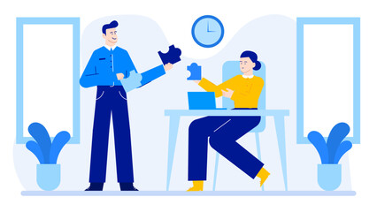 Two people collaborating on a puzzle, brainstorming together. Teamwork, collaboration, problem solving, partnership, critical thinking, working together, brainstorming ideas.