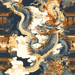 Obraz premium Seamless patterns of Chinese and Japanese traditional tile designs with elegant illustrations