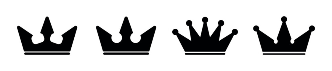 Minimalist Black Crown Icon Set with Four Unique Vector Silhouettes for Royalty, Luxury, Branding, and Logo Design