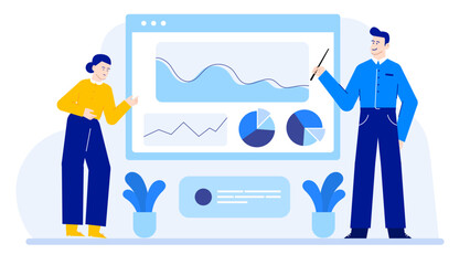 Two people analyzing presentation data with graphs and charts, suitable for business reports, data analysis articles, or financial presentations.