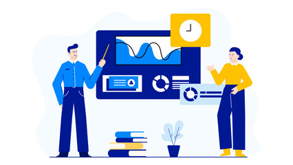 Two people discussing data charts, suitable for business presentations, data analysis articles, financial reports, and teamwork concepts.