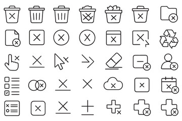Collection of icons representing deletion, errors, and removal actions including trash, erase, cancel, and discard symbols in simple line art icon set