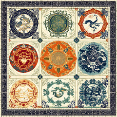 Seamless patterns of Chinese and Japanese traditional tile designs with elegant illustrations