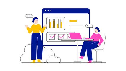 Two women discussing a graph and data. Suitable for business presentations, analytics reports, teamwork concepts, and financial discussions.