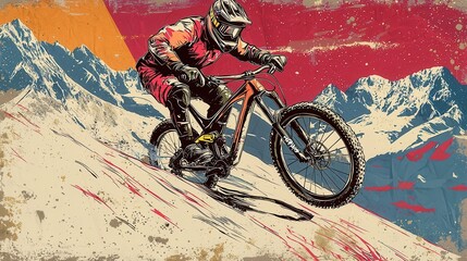 Mountain Biker Descending Snowy Mountain Peak
