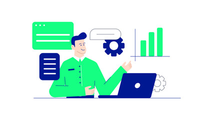 Man presenting a graph on laptop suitable for business presentations or reports, digital marketing concepts, technology blogs, and educational materials.