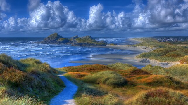 Scenic coastal landscape featuring grassy dunes, sandy beach, and rocky islands under a cloudy sky