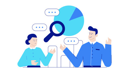 Two people in a meeting, analyzing data together. business illustration