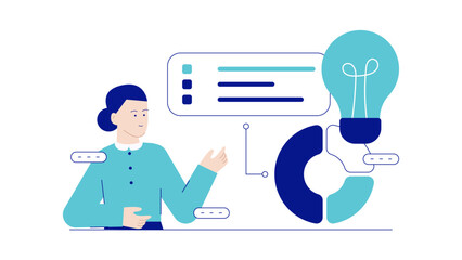 A professional woman giving a business presentation using a chart and explaining an innovative idea