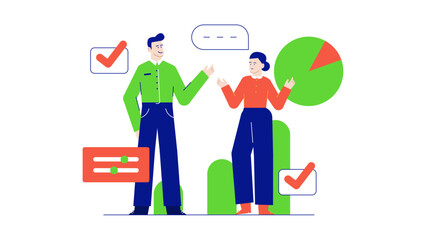 Man and woman discussing pie chart suitable for business meeting, financial presentation, teamwork concept, data analysis article, infographic design.