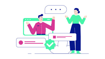 Man and woman on video call, discussing work illustration. Ideal for illustrating virtual meetings, communication, technology, and online relationships.