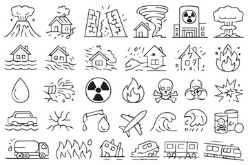 Disaster and emergency icons representing natural calamities and hazardous events such as floods, earthquakes, volcanoes, fires, and toxic chemicals in simple line art icon set