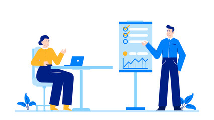 Man presenting checklist and graph to woman. Business meeting. Explaining data. Teamwork concept. Planning strategy. Corporate discussion. Office setting.